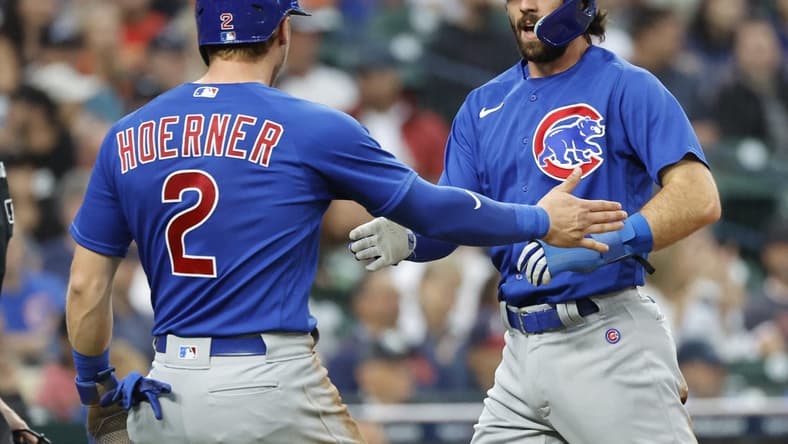 Aug 23, 2023; Detroit, Michigan, USA;  Chicago Cubs second baseman Nico Hoerner (2) and shortstop Dansby Swanson (7) congratulate each other after scoring in the third inning against the Detroit Tigers at Comerica Park. Mandatory Credit: Rick Osentoski-USA TODAY Sports