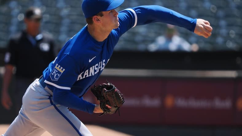 Aug 23, 2023; Oakland, California, USA; Kansas City Royals starting pitcher Cole Ragans (55) pitches the ball against the Oakland Athletics during the first inning at Oakland-Alameda County Coliseum. Mandatory Credit: Kelley L Cox-USA TODAY Sports