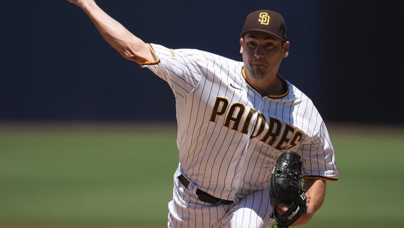 Aug 23, 2023; San Diego, California, USA;  San Diego Padres starting pitcher Seth Lugo (67) throws a pitch against to the Miami Marlins during the first inning at Petco Park. Mandatory Credit: Ray Acevedo-USA TODAY Sports