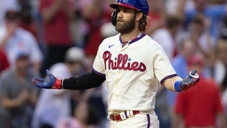 Aug 23, 2023; Philadelphia, Pennsylvania, USA; Philadelphia Phillies designated hitter Bryce Harper (3) reacts after hitting a three RBI home run during the ninth inning against the San Francisco Giants at Citizens Bank Park. Mandatory Credit: Bill Streicher-USA TODAY Sports