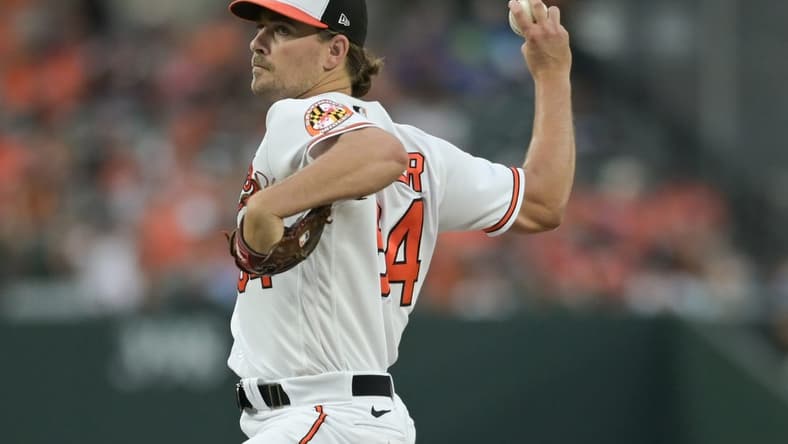 Aug 23, 2023; Baltimore, Maryland, USA;  Baltimore Orioles starting pitcher Dean Kremer (64) delivers a first inning pitch against the Toronto Blue Jays at Oriole Park at Camden Yards. Mandatory Credit: Tommy Gilligan-USA TODAY Sports