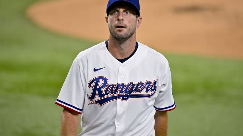 Aug 3, 2023; Arlington, Texas, USA; Texas Rangers starting pitcher Max Scherzer (31) in action during the game between the Texas Rangers and the Chicago White Sox at Globe Life Field. Mandatory Credit: Jerome Miron-USA TODAY Sports