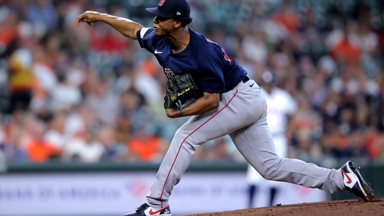 Aug 24, 2023; Houston, Texas, USA; Boston Red Sox starting pitcher Brayan Bello (66) delivers a pitch against the Houston Astros during the first inning at Minute Maid Park. Mandatory Credit: Erik Williams-USA TODAY Sports