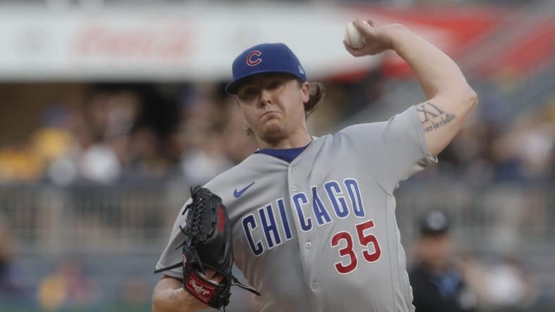 Aug 24, 2023; Pittsburgh, Pennsylvania, USA;  Chicago Cubs starting pitcher Justin Steele (35) delivers a pitch against the Pittsburgh Pirates during the first inning at PNC Park. Mandatory Credit: Charles LeClaire-USA TODAY Sports