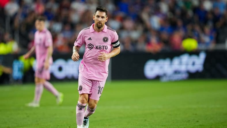 Aug 23, 2023; Cincinnati, OH, USA; Inter Miami CF forward Lionel Messi (10) runs on the field against FC Cincinnati at TQL Stadium. Mandatory Credit: Aaron Doster-USA TODAY Sports