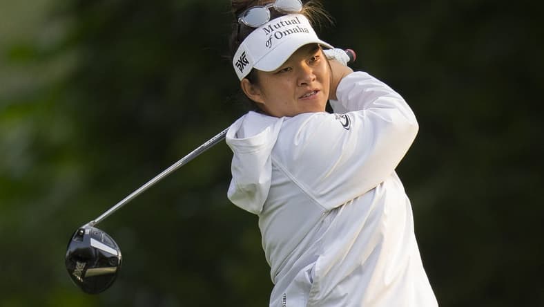 Aug 25, 2023; Vancouver, British Columbia, CAN; Megan Khang tees off on the fourth hole during the second round of the CPKC Women's Open golf tournament at Shaughnessy Golf & Country Club. Mandatory Credit: Bob Frid-USA TODAY Sports
