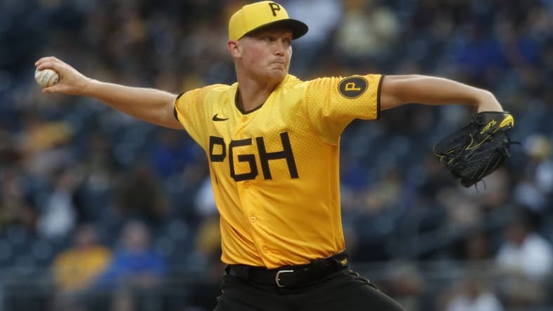 Aug 25, 2023; Pittsburgh, Pennsylvania, USA; Pittsburgh Pirates starting pitcher Mitch Keller (23) delivers a pitch against the Chicago Cubs during the first inning at PNC Park. Mandatory Credit: Charles LeClaire-USA TODAY Sports