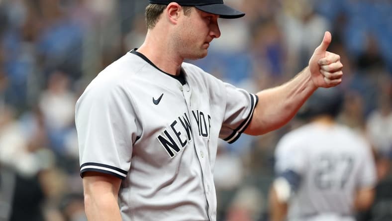 Aug 25, 2023; St. Petersburg, Florida, USA; New York Yankees starting pitcher Gerrit Cole (45) gives a thumbs up against the Tampa Bay Rays at the end of the first inning at Tropicana Field. Mandatory Credit: Kim Klement Neitzel-USA TODAY Sports