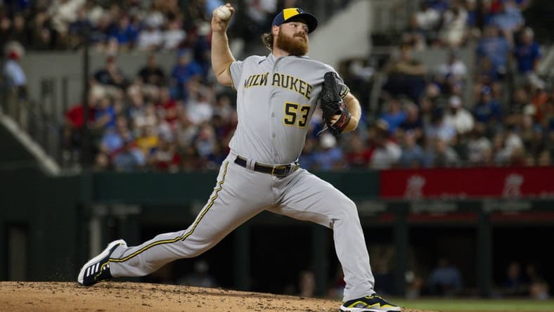 Aug 18, 2023; Arlington, Texas, USA; Milwaukee Brewers starting pitcher Brandon Woodruff (53) in action during the game between the Texas Rangers and the Milwaukee Brewers at Globe Life Field. Mandatory Credit: Jerome Miron-USA TODAY Sports