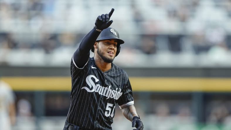 Aug 25, 2023; Chicago, Illinois, USA; Chicago White Sox second baseman Lenyn Sosa (50) rounds the bases after hitting a two-run home run against the Oakland Athletics during the second inning at Guaranteed Rate Field. Mandatory Credit: Kamil Krzaczynski-USA TODAY Sports