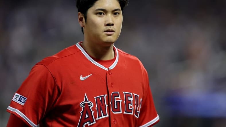 Aug 25, 2023; New York City, New York, USA; Los Angeles Angels designated hitter Shohei Ohtani (17) walks off the field after the top of the fifth inning against the New York Mets at Citi Field. Mandatory Credit: Brad Penner-USA TODAY Sports