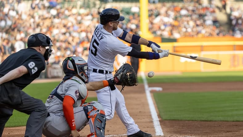 Aug 26, 2023; Detroit, Michigan, USA; Detroit Tigers catcher Carson Kelly (15) strikes out in the third inning against the Houston Astros at Comerica Park. Mandatory Credit: David Reginek-USA TODAY Sports