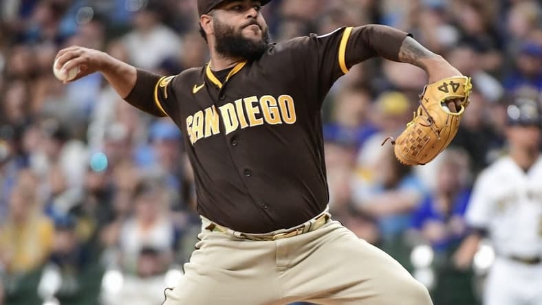 Aug 26, 2023; Milwaukee, Wisconsin, USA;  San Diego Padres pitcher Pedro Avila (60) pitches against the Milwaukee Brewers in the first inning at American Family Field. Mandatory Credit: Benny Sieu-USA TODAY Sports