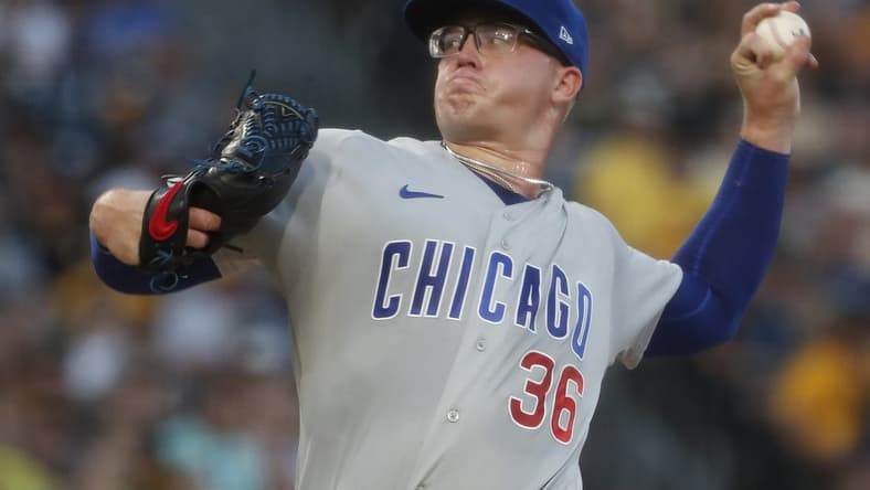 Aug 26, 2023; Pittsburgh, Pennsylvania, USA;  Chicago Cubs starting pitcher Jordan Wicks (36) delivers a pitch in his major league debut against the Pittsburgh Pirates during the first inning at PNC Park. Mandatory Credit: Charles LeClaire-USA TODAY Sports