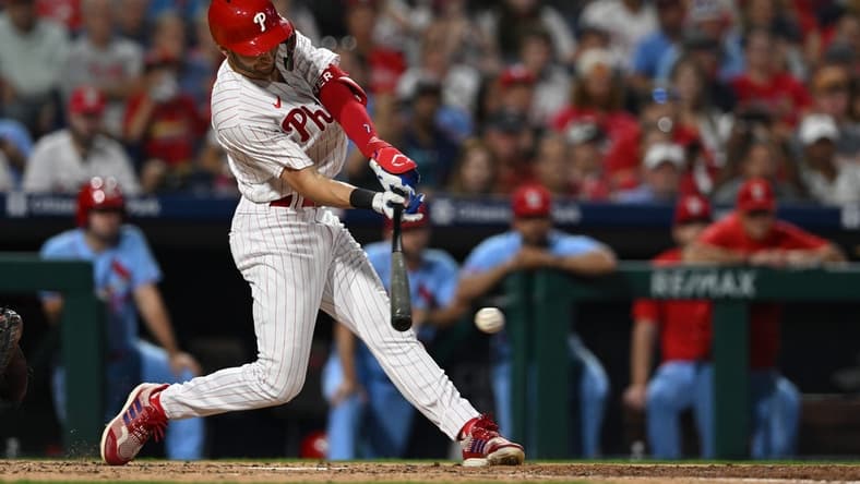 Aug 26, 2023; Philadelphia, Pennsylvania, USA;  Philadelphia Phillies shortstop Trea Turner (7) grounds into a double play and drives in a run in the third inning against the St. Louis Cardinals at Citizens Bank Park. Mandatory Credit: John Geliebter-USA TODAY Sports
