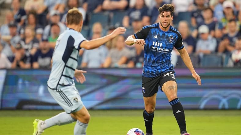 Aug 26, 2023; Kansas City, Kansas, USA; San Jose Earthquakes forward Cade Cowell (44) in action against Sporting Kansas City during the first half at Children's Mercy Park. Mandatory Credit: Jay Biggerstaff-USA TODAY Sports