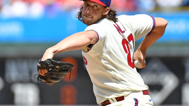 Aug 27, 2023; Philadelphia, Pennsylvania, USA; Philadelphia Phillies starting pitcher Aaron Nola (27) throws a pitch against the St. Louis Cardinals during the first inning at Citizens Bank Park. Mandatory Credit: Eric Hartline-USA TODAY Sports