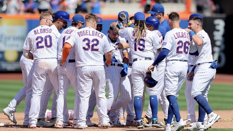 Aug 27, 2023; New York City, New York, USA; New York Mets left fielder Rafael Ortega (30) celebrates his walkoff single against the Los Angeles Angels during the ninth inning at Citi Field. Mandatory Credit: Brad Penner-USA TODAY Sports