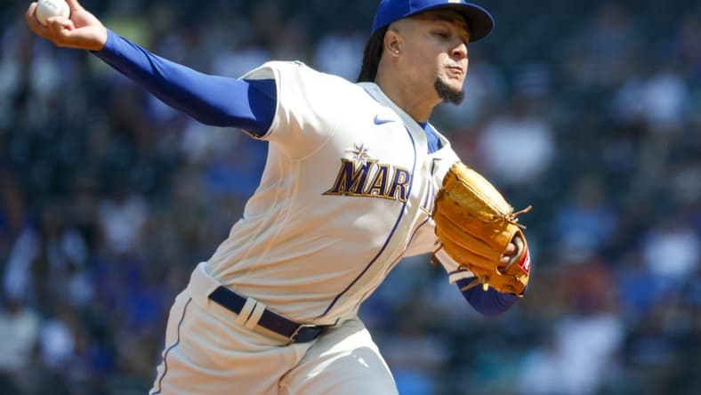 Aug 27, 2023; Seattle, Washington, USA; Seattle Mariners starting pitcher Luis Castillo (58) throws against the Kansas City Royals during the first inning at T-Mobile Park. Mandatory Credit: Joe Nicholson-USA TODAY Sports