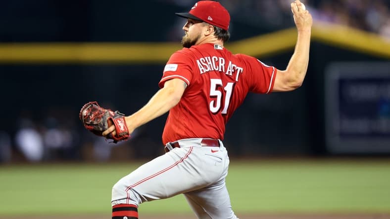 Aug 27, 2023; Phoenix, Arizona, USA; Cincinnati Reds pitcher Graham Ashcraft in the first inning against the Arizona Diamondbacks at Chase Field. Mandatory Credit: Mark J. Rebilas-USA TODAY Sports
