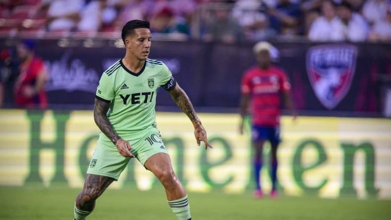 Aug 26, 2023; Frisco, Texas, USA; Austin FC forward Sebastian Driussi (10) in action during the game between FC Dallas and Austin FC at Toyota Stadium. Mandatory Credit: Jerome Miron-USA TODAY Sports