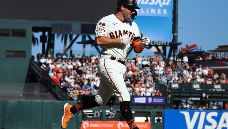 Aug 27, 2023; San Francisco, California, USA; San Francisco Giants third baseman Casey Schmitt (6) rounds the bases on a solo home run against the Atlanta Braves during the second inning at Oracle Park. Mandatory Credit: Kelley L Cox-USA TODAY Sports