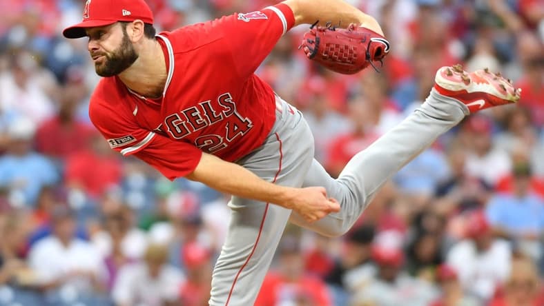 Aug 28, 2023; Philadelphia, Pennsylvania, USA; Los Angeles Angels starting pitcher Lucas Giolito (24) throws a pitch during the first inning against the Philadelphia Phillies at Citizens Bank Park. Mandatory Credit: Eric Hartline-USA TODAY Sports