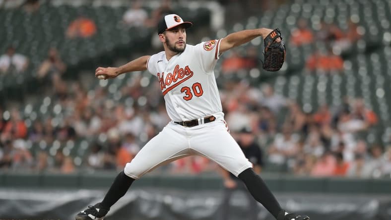 Aug 28, 2023; Baltimore, Maryland, USA;  Baltimore Orioles starting pitcher Grayson Rodriguez (30) throws a second  inning pitch against the Chicago White Sox at Oriole Park at Camden Yards. Mandatory Credit: Tommy Gilligan-USA TODAY Sports