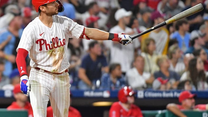 Aug 28, 2023; Philadelphia, Pennsylvania, USA; Philadelphia Phillies shortstop Trea Turner (7) watches his second home run of the game against the Los Angeles Angels during the fifth inning at Citizens Bank Park. Mandatory Credit: Eric Hartline-USA TODAY Sports