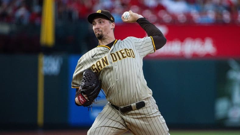 Aug 28, 2023; St. Louis, Missouri, USA;  San Diego Padres starting pitcher Blake Snell (4) pitches against the St. Louis Cardinals during the first inning at Busch Stadium. Mandatory Credit: Jeff Curry-USA TODAY Sports