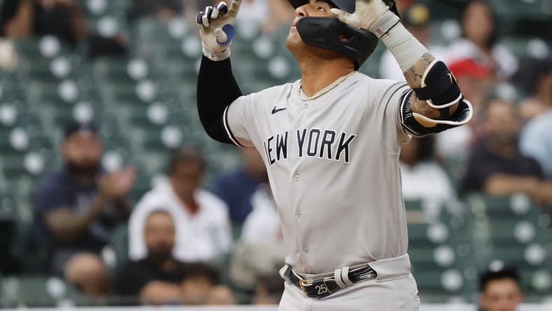 Aug 29, 2023; Detroit, Michigan, USA; New York Yankees second baseman Gleyber Torres (25) celebrates after hitting a home run in the first inning against the Detroit Tigers at Comerica Park. Mandatory Credit: Rick Osentoski-USA TODAY Sports