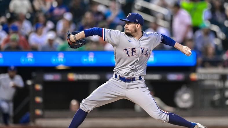 Aug 29, 2023; New York City, New York, USA; Texas Rangers starting pitcher Andrew Heaney (44) pitches against the New York Mets during the first inning at Citi Field. Mandatory Credit: John Jones-USA TODAY Sports