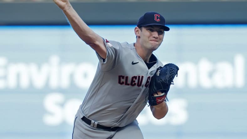 Aug 29, 2023; Minneapolis, Minnesota, USA; Cleveland Guardians starting pitcher Gavin Williams (63) pitches in the first inning against the Minnesota Twins at Target Field. Mandatory Credit: Bruce Kluckhohn-USA TODAY Sports