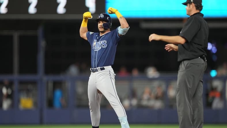 Aug 29, 2023; Miami, Florida, USA;  Tampa Bay Rays third baseman Isaac Paredes (17) celebrates a two-RBI double in the sixth inning against the Miami Marlins at loanDepot Park. Mandatory Credit: Jim Rassol-USA TODAY Sports
