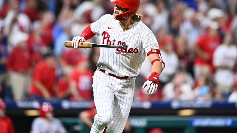 Aug 29, 2023; Philadelphia, Pennsylvania, USA; Philadelphia Phillies infielder Alec Bohm (28) reacts after hitting a three-run home run against the Los Angeles Angels in the sixth inning at Citizens Bank Park. Mandatory Credit: Kyle Ross-USA TODAY Sports