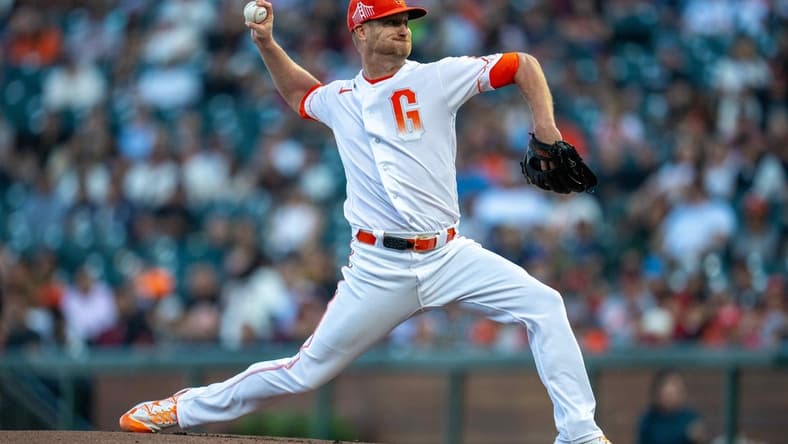 Aug 29, 2023; San Francisco, California, USA;  San Francisco Giants starting pitcher Alex Cobb (38) delivers a pitch against the Cincinnati Reds during the first inning at Oracle Park. Mandatory Credit: Neville E. Guard-USA TODAY Sports