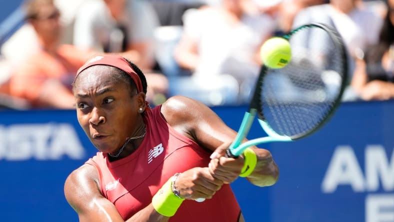 Aug 30, 2023; Flushing, NY, USA; Coco Gauff of the USA hits to Mirra Andreeva on day three of the 2023 U.S. Open tennis tournament at USTA Billie Jean King National Tennis Center. Mandatory Credit: Robert Deutsch-USA TODAY Sports