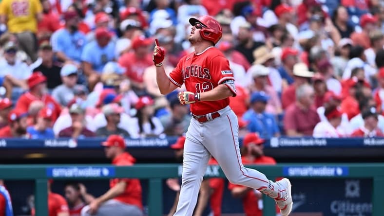 Aug 30, 2023; Philadelphia, Pennsylvania, USA; Los Angeles Angels outfielder Hunter Renfroe (12) reacts after hitting a two-run home run against the Philadelphia Phillies in the second inning at Citizens Bank Park. Mandatory Credit: Kyle Ross-USA TODAY Sports