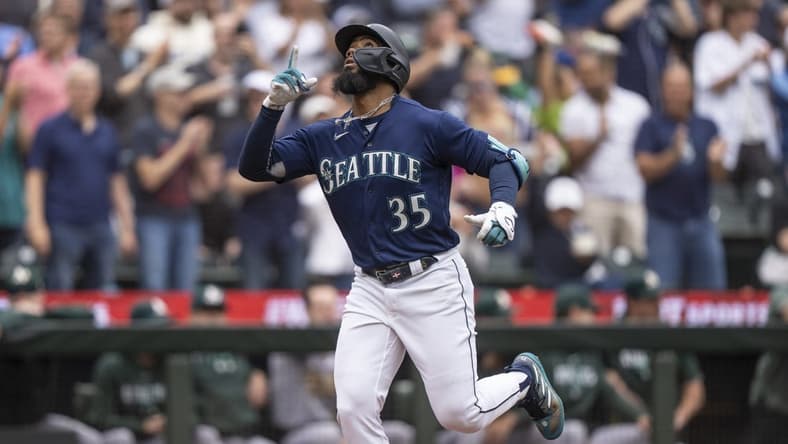 Aug 30, 2023; Seattle, Washington, USA; Seattle Mariners right fielder Teoscar Hernandez (35) rounds the bases after hitting a three-run home run third inning against the Oakland Athletics at T-Mobile Park. Mandatory Credit: Stephen Brashear-USA TODAY Sports