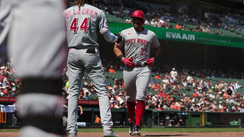 Aug 30, 2023; San Francisco, California, USA; Cincinnati Reds first baseman Christian Encarnacion-Strand (33) hits a two run home run during the eighth inning against the San Francisco Giants at Oracle Park. Mandatory Credit: Sergio Estrada-USA TODAY Sports