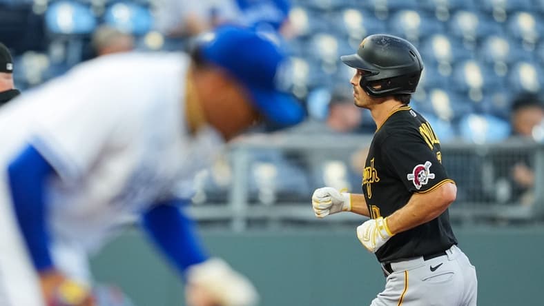 Aug 30, 2023; Kansas City, Missouri, USA; Pittsburgh Pirates left fielder Bryan Reynolds (10) rounds the bases after hitting a home run off of Kansas City Royals starting pitcher Angel Zerpa (61) during the first inning at Kauffman Stadium. Mandatory Credit: Jay Biggerstaff-USA TODAY Sports