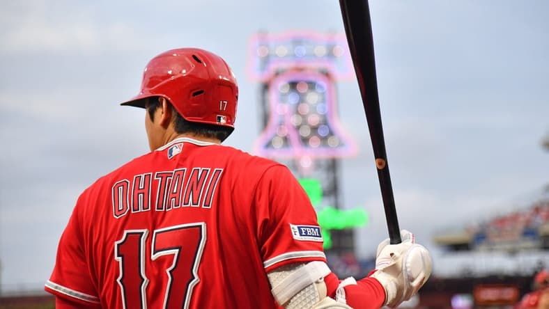 Aug 28, 2023; Philadelphia, Pennsylvania, USA; Los Angeles Angels designated hitter Shohei Ohtani (17) on deck against the Philadelphia Phillies at Citizens Bank Park. Mandatory Credit: Eric Hartline-USA TODAY Sports