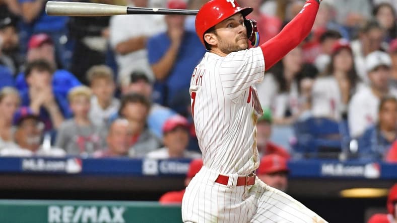 Aug 28, 2023; Philadelphia, Pennsylvania, USA; Philadelphia Phillies shortstop Trea Turner (7) against the Los Angeles Angels at Citizens Bank Park. Mandatory Credit: Eric Hartline-USA TODAY Sports