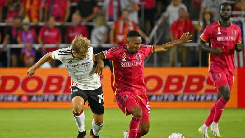 Aug 30, 2023; St. Louis, Missouri, USA; FC Dallas midfielder Paxton Pomykal (19) battles for the ball against St. Louis CITY SC midfielder Njabulo Blom (6) during the first half at CITYPARK. Mandatory Credit: Scott Rovak-USA TODAY Sports