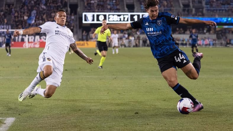 Aug 30, 2023; San Jose, California, USA; San Jose Earthquakes forward Cade Cowell (44) controls the ball during the first half against Los Angeles Galaxy defender Calegari (2) at PayPal Park. Mandatory Credit: Stan Szeto-USA TODAY Sports
