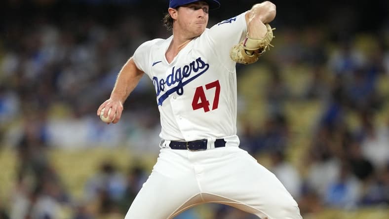 Aug 29, 2023; Los Angeles, California, USA; Los Angeles Dodgers starting pitcher Ryan Pepiot (47) throws in the first inning against the Arizona Diamondbacks at Dodger Stadium. Mandatory Credit: Kirby Lee-USA TODAY Sports
