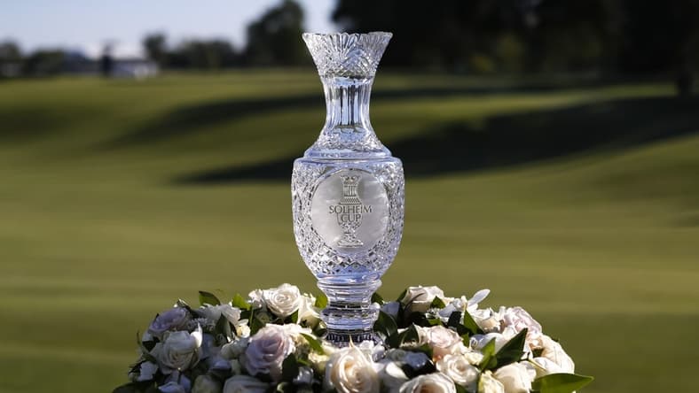 Sep 6, 2021; Toledo, Ohio, USA; The Solheim Cup is seen during the trophy presentation at the 2021 Solheim Cup at Invernes Club. Mandatory Credit: Raj Mehta-USA TODAY Sports