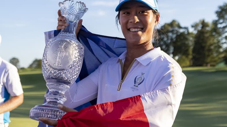 Sep 6, 2021; Toledo, Ohio, USA; Celine Boutier of Team Europe poses with the trophy at the 2021 Solheim Cup at Invernes Club. Mandatory Credit: Raj Mehta-USA TODAY Sports