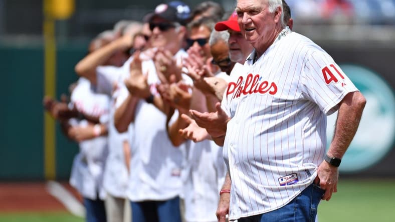 Aug 7, 2022; Philadelphia, Pennsylvania, USA; Former Philadelphia Phillies manager Charlie Manuel acknowledges the crowd during Alumni Day ceremony before game against the Washington Nationals at Citizens Bank Park. Mandatory Credit: Eric Hartline-USA TODAY Sports