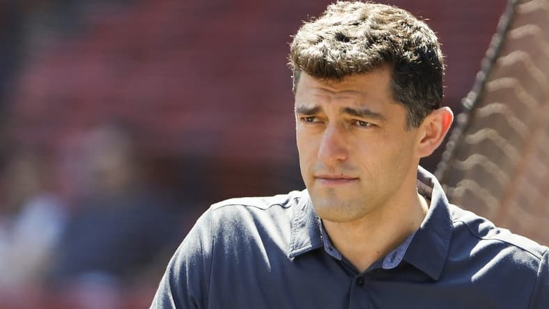 Aug 28, 2022; Boston, Massachusetts, USA; Chaim Bloom, Chief Baseball Officer of the Boston Red Sox on the field before the game between the Boston Red Sox and the Tampa Bay Rays at Fenway Park. Mandatory Credit: Winslow Townson-USA TODAY Sports